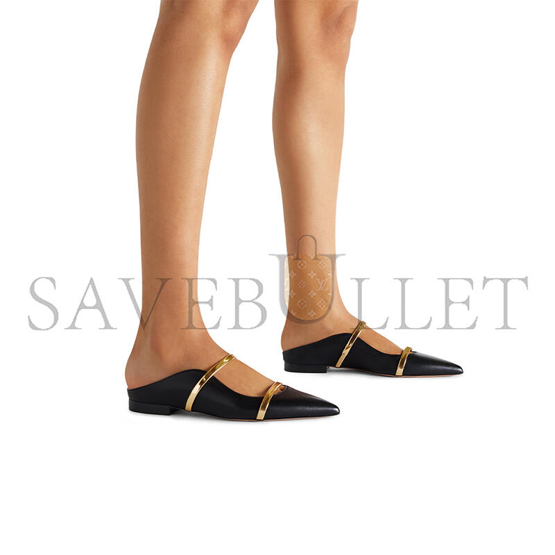 MALONE SOULIERS MAUREEN BLACK & GOLD LEATHER FLAT MULES MAUREENFLAT29BLK